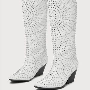 Billini Zachariah White Studded Pointed-Toe Knee-High Western Boots